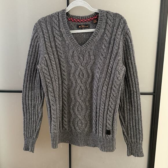 Ben Sherman Mens Sweater Size Medium Gray Wool Cable Knit Fisherman Aran Classic - Picture 4 of 8